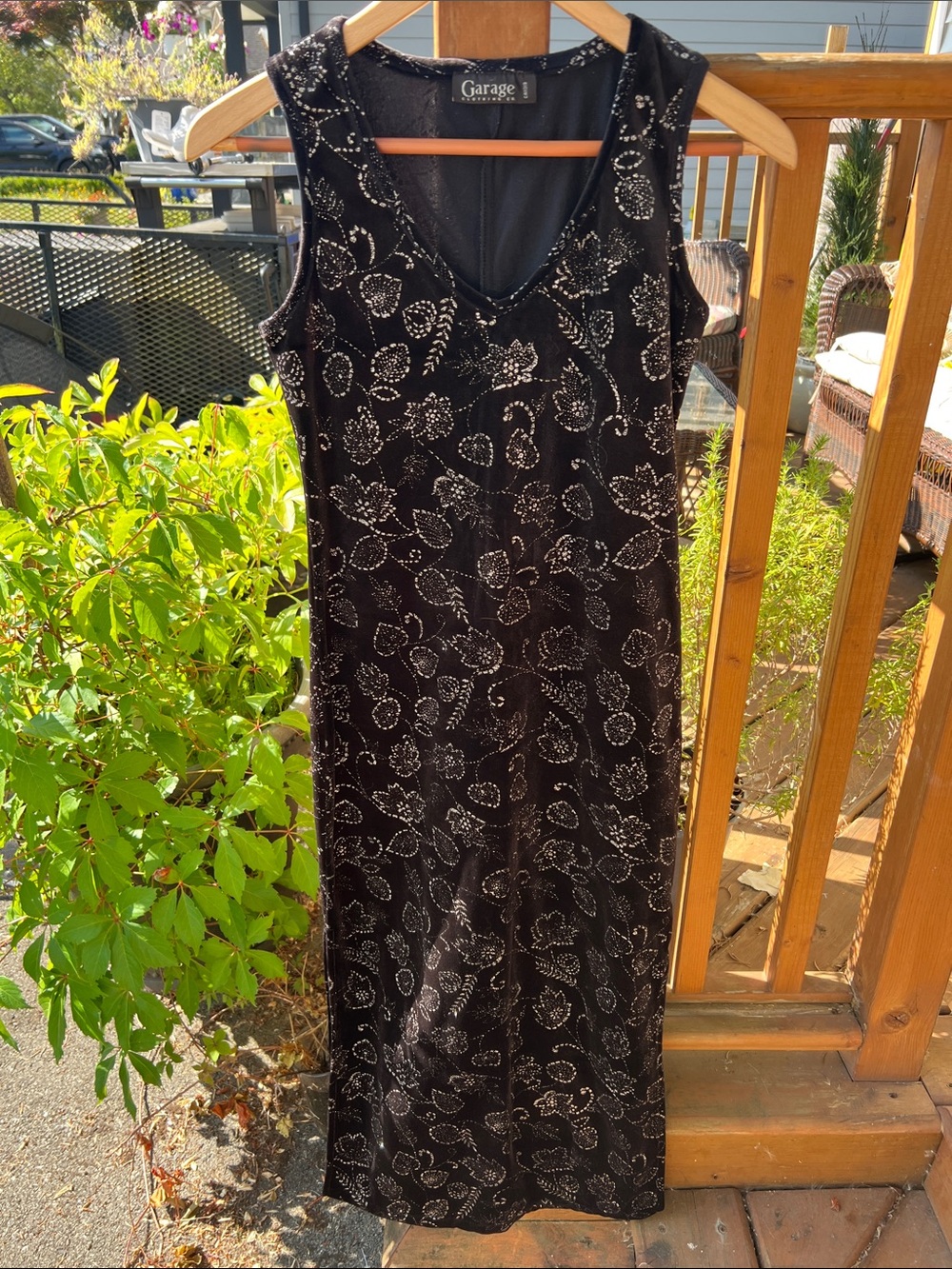 VTG 90s Garage Clothing Co. Black Silver Glitter Leaf Floral Maxi Dress